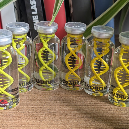 Vue de présentation des fioles d'ADN Jurassic Park Version 30mL.