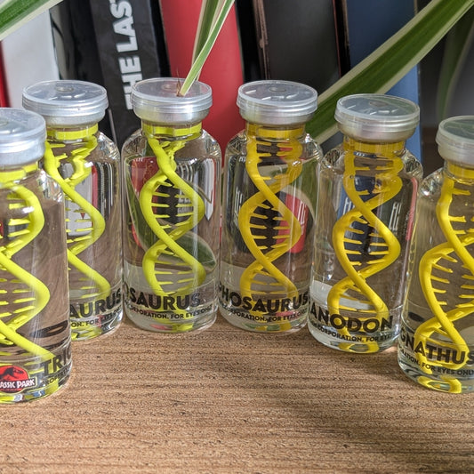 Vue de présentation des fioles d'ADN Jurassic Park Version 30mL.