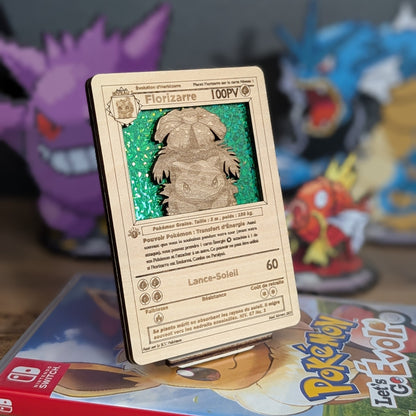 Carte 3D en bois Pokémon avec fond holographique et présentoir Pokédex