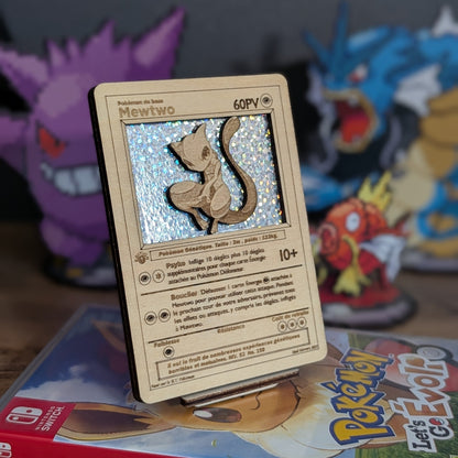 Carte 3D en bois Pokémon avec fond holographique et présentoir Pokédex