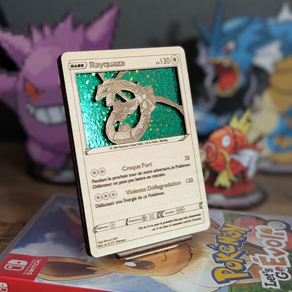 Carte 3D en bois Pokémon avec fond holographique et présentoir Pokédex