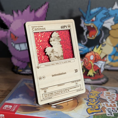 Carte 3D en bois Pokémon avec fond holographique et présentoir Pokédex